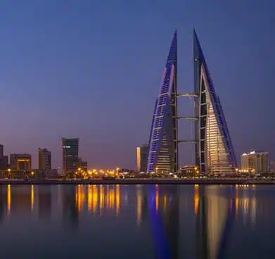 Job opportunities in Bahrain: Bahrain skyline next to sea and water body.